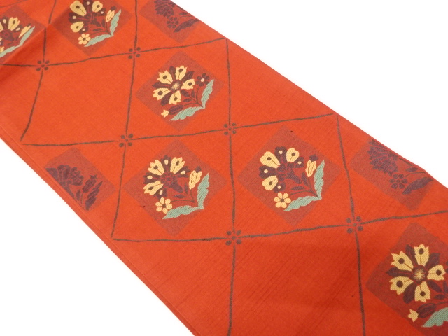 斜め格子に花模様織出し袋帯